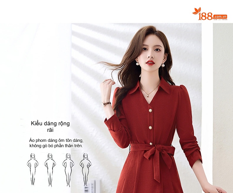 Váy Đầm Nữ dáng chữ A Thắt Eo Tay Dài Phong Cách Hàn Quốc Màu Đỏ chi tiết 14