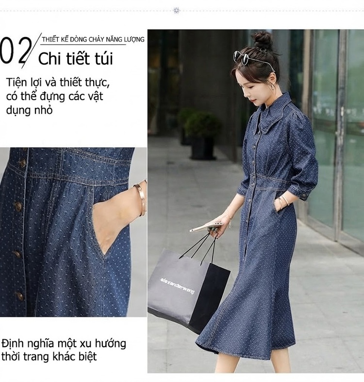 Váy Dài Nữ Tay Lỡ Cổ Bẻ Họa Tiết Chấm Bi Phong Cách Âu Mỹ Thanh Lịch chi tiết 7