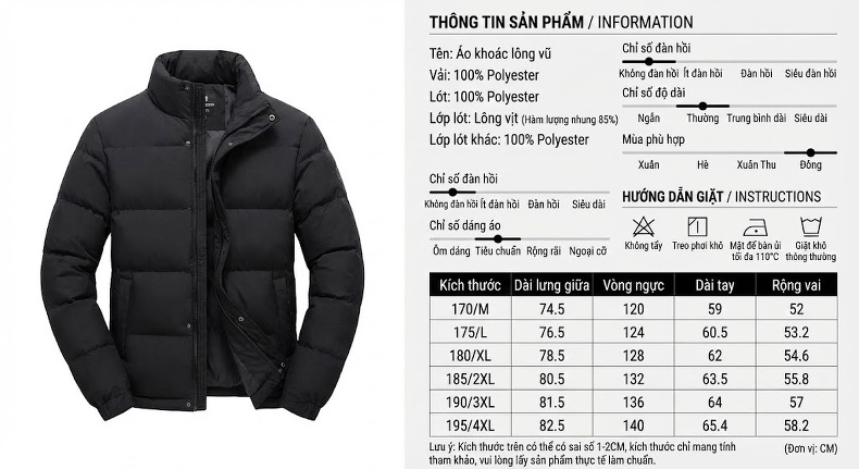 Áo Khoác Phao Nam Lông Vũ Dáng Ngắn Cổ Đứng Phong Cách Công Sở Màu Đen, Xám, Xanh Navy chi tiết 10