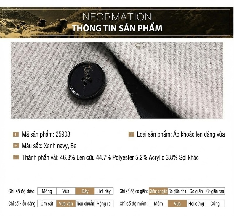 Áo Khoác Dạ Nam Dáng Dài Ôm Dáng Thu Đông Chất Liệu Lông Cừu Màu Xám, Xanh Navy chi tiết 11