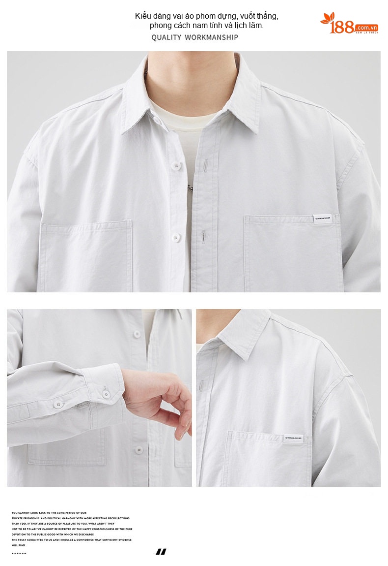 Áo Sơ Mi Dài Tay Nam Cotton Dáng Rộng Phong Cách Retro Màu Xanh Navy, Trắng chi tiết 2