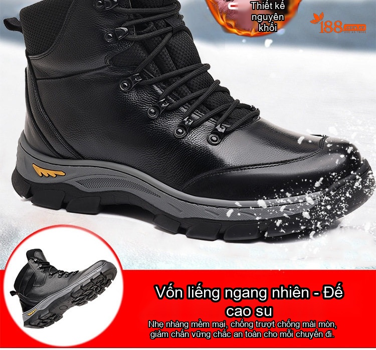 Giày Cao Cổ Nam Da Bò Lót Lông Giữ Ấm Chiều Cao Đế Khoảng 4cm Màu Đen chi tiết 8