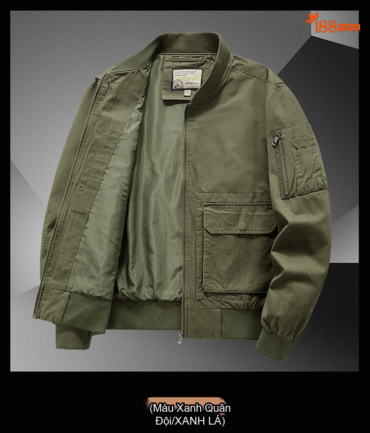 Áo Khoác Bomber Nam Cotton Giặt Nước Nhiều Túi Dáng Rộng Màu Đen, Xanh Olive, Nâu Vàng chi tiết 8