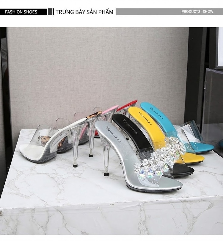 Giày Sandal Cao Gót Nữ Quai Trong Suốt Gót Nhọn Gót Cao 11cm Màu Trắng, Đen, Xanh, Hồng... chi tiết 22