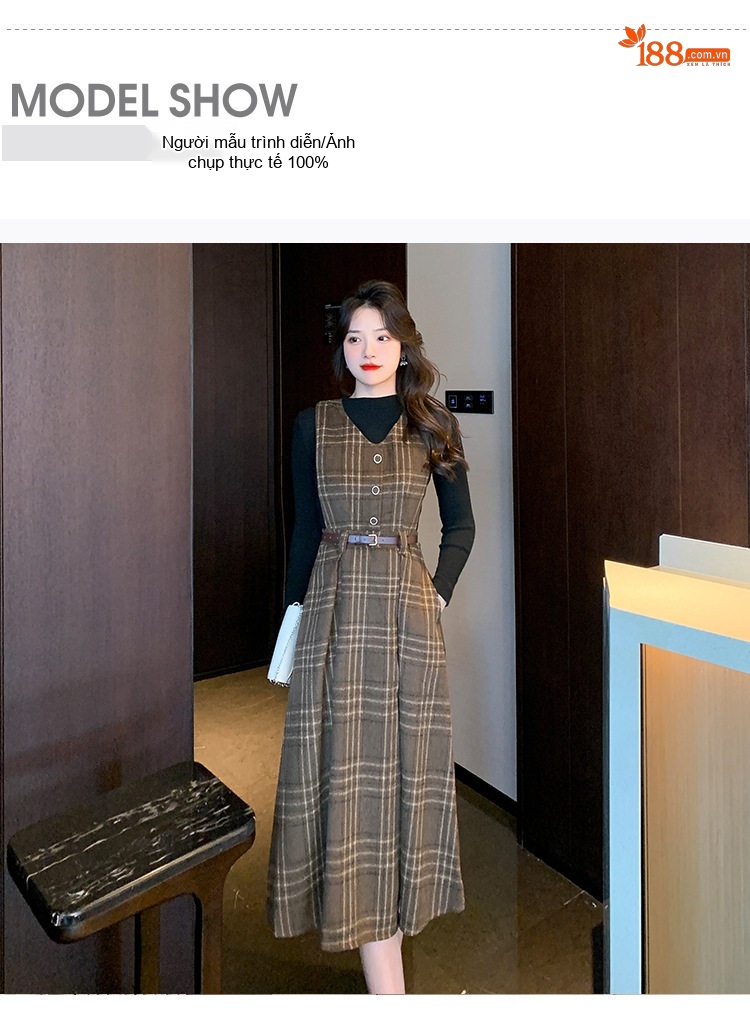 Set Váy Yếm Kẻ Caro A Chữ Thu Đông Pháp Cổ Điển Kèm Áo Màu Nâu chi tiết 8