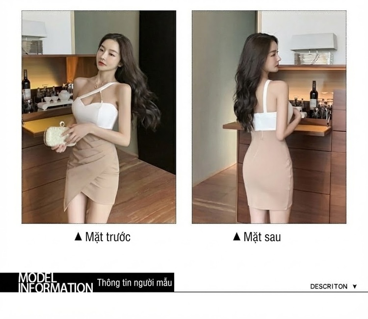 Váy Ôm Body Hở Vai Thiết Kế Bất Đối Xứng Xẻ Tà Gợi Cảm Màu Trắng, Nâu, Đen chi tiết 3