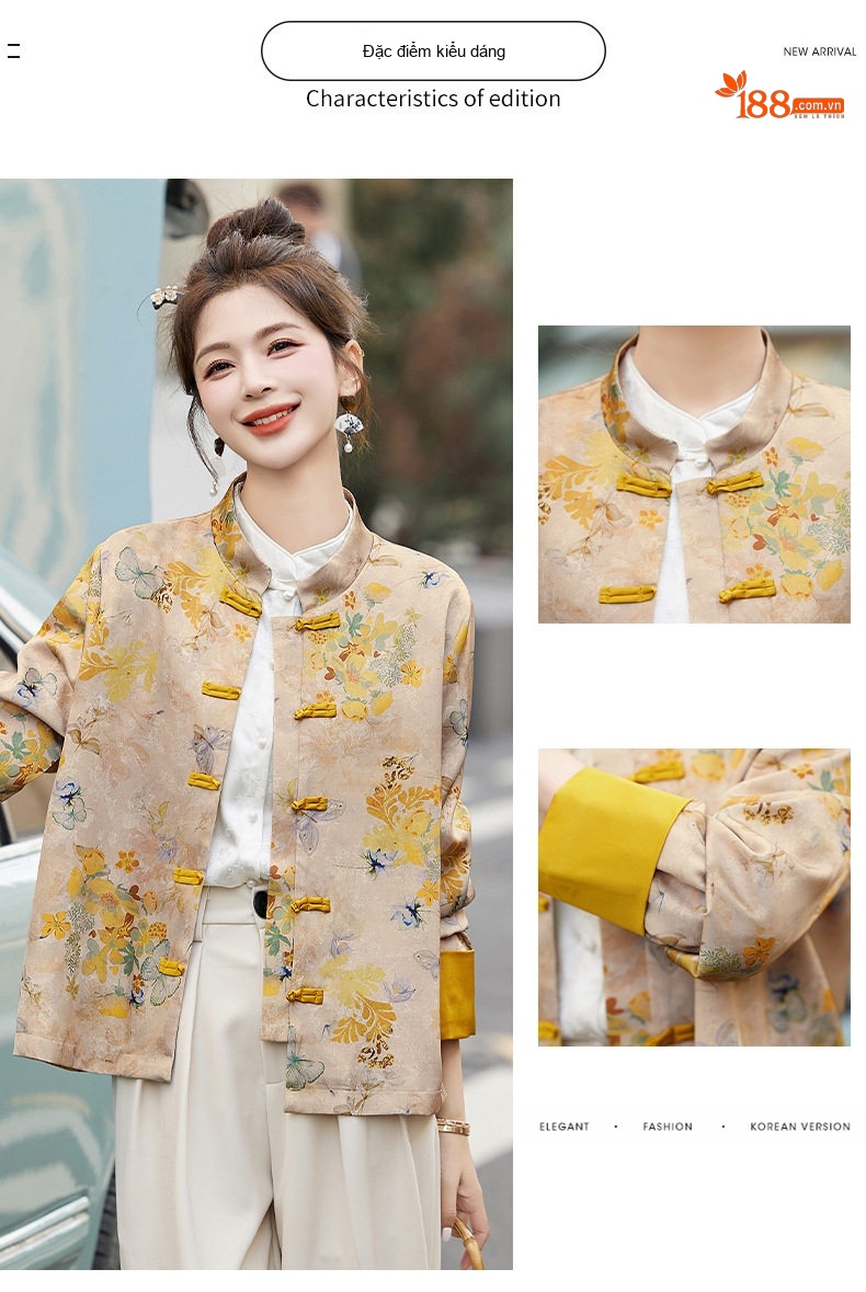 Áo Khoác Nữ Cổ Tàu Tay Lỡ Họa Tiết Phong Cách Trung Hoa chi tiết 3