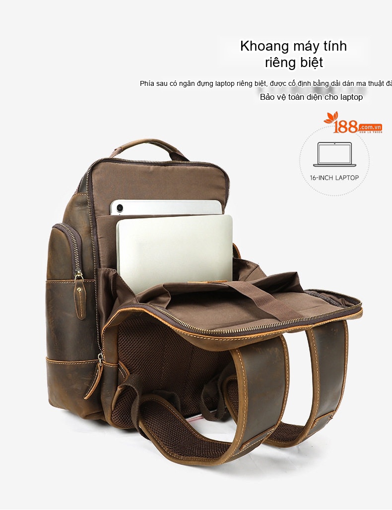 Balo Da Bò Dáng Đôi Ngoài Trời Phong Cách Âu Mỹ Đựng Laptop Đa Năng Màu Nâu chi tiết 12