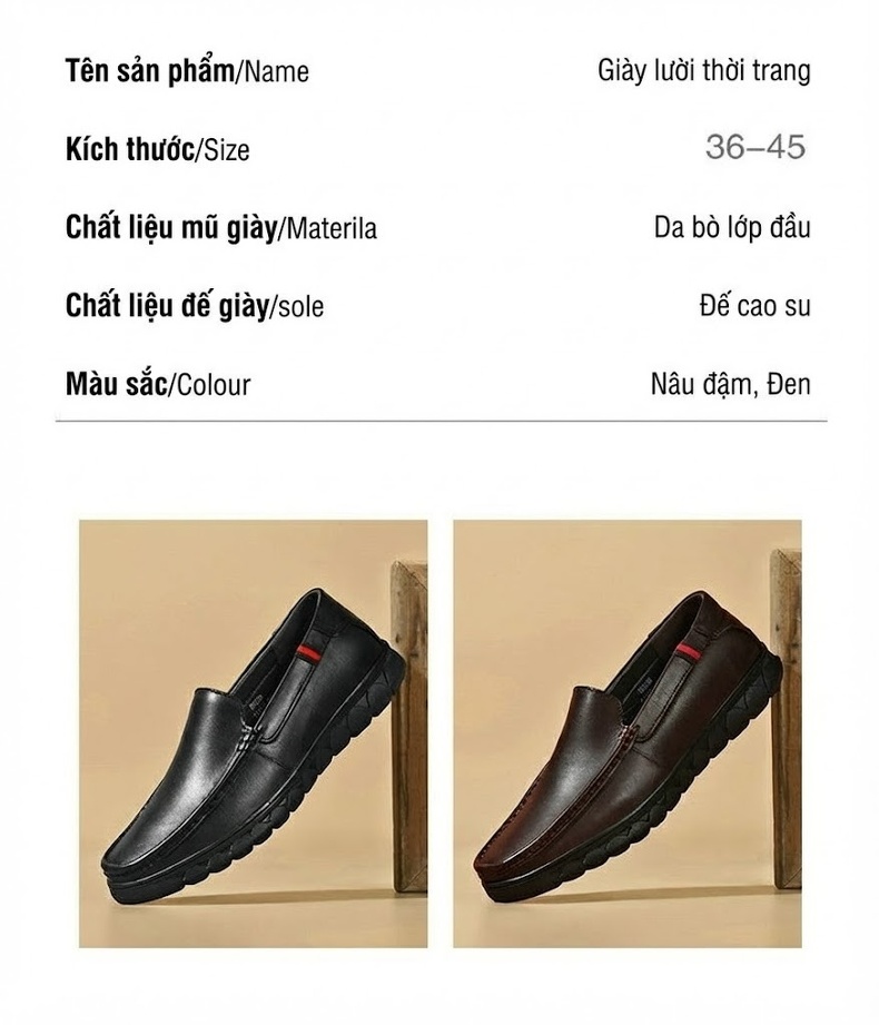 Giày Lười Nam Da Bò Chiều Cao Đế Khoảng 3cm Màu Đen, Nâu chi tiết 5
