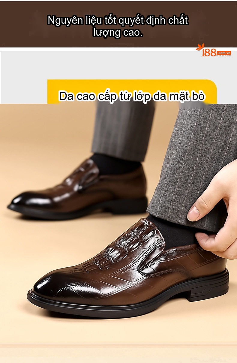 Giày Lười Nam Da Bò Mềm Mại Chiều Cao Đế Khoảng 3cm Màu Đen, Nâu chi tiết 7