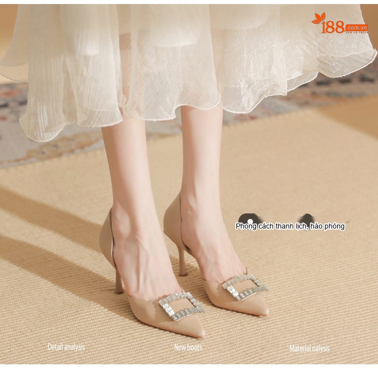 Giày Cao Gót Nữ Da Cừu Mũi Nhọn Khóa Vuông Đính Đá Chiều Cao Đế Khoảng 6cm Màu Kem, Đen chi tiết 5