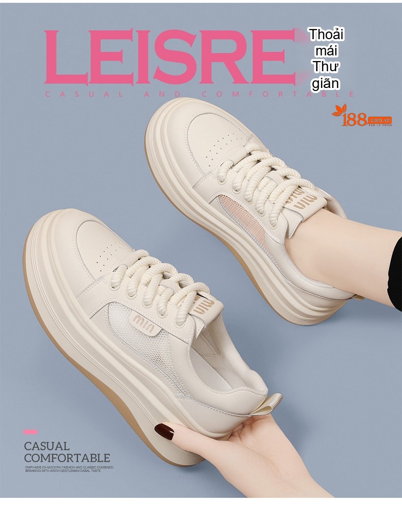 Giày Thể Thao Nữ Da Thật Kiểu Dáng Sneaker Chiều Cao Đế Khoảng 4cm Màu Trắng, Đen chi tiết 2