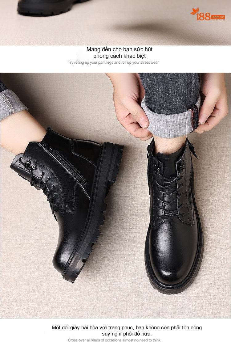Boot Martin Nam Da Thật Lót Lông Cao Cổ Giữ Ấm Chiều Cao Đế Khoảng 4cm Màu Đen chi tiết 11