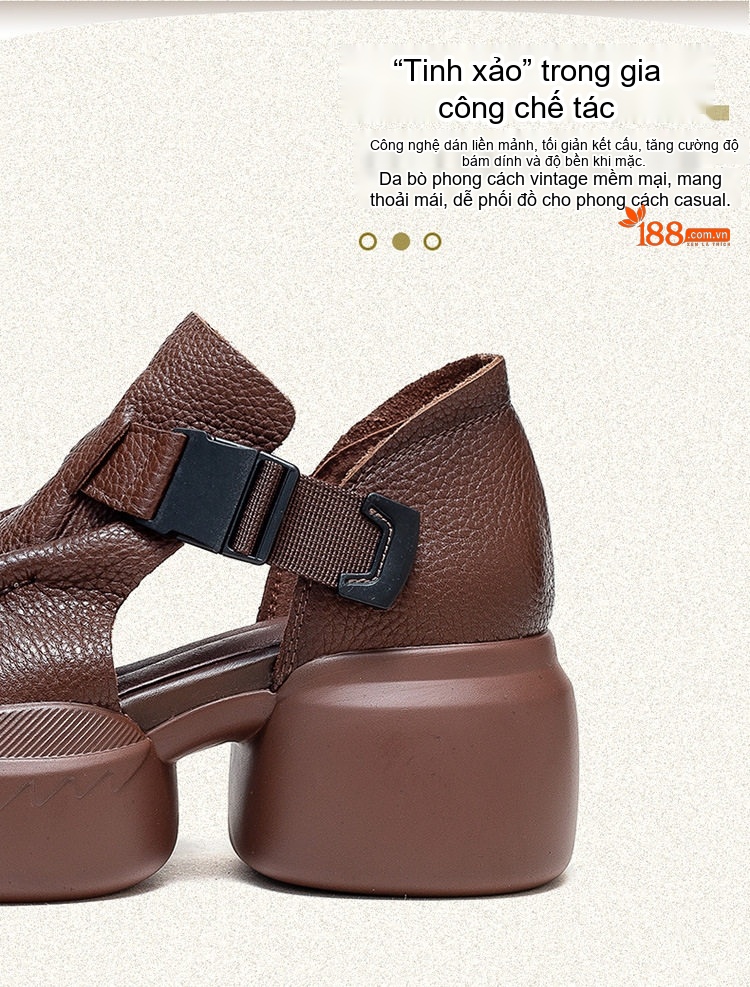 Dép Sandal Nữ Da Bò Hở Mũi Quai Dán Đế Cao 5cm - 6cm Màu Đen, Nâu chi tiết 3
