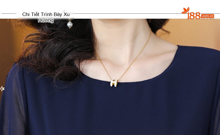 Váy liền thân Nữ Giả Hai Lớp Lụa In Họa Tiết Dáng Rộng Che Bụng Màu Xanh Navy chi tiết 16