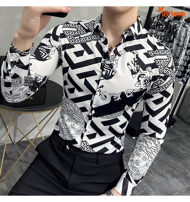 Áo Sơ Mi Nam Tay Dài In Họa Tiết Cá Tính Phong Cách Thời Trang Màu Trắng, Nâu, Đen chi tiết 35