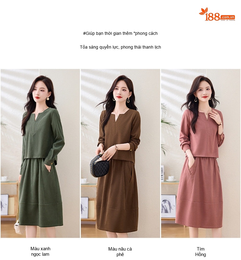 Set Bộ Quần Áo Nữ Thu Đông Dáng Áo Ngắn Tay Dài Chân Váy Chữ A Màu Nâu, Xanh, Hồng chi tiết 3