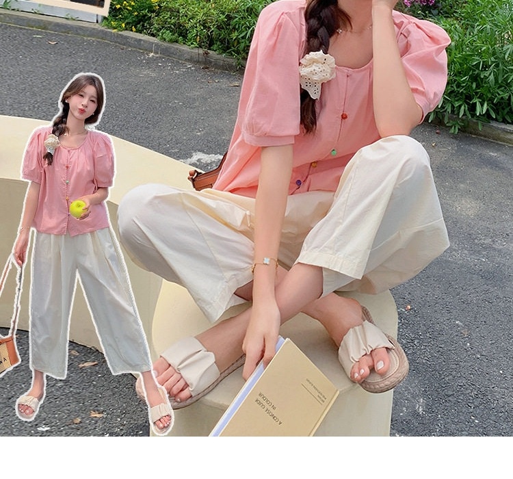 Set Áo Sơ Mi Tay Ngắn Cúc Màu Quần Ống Rộng Nữ Phong Cách Thời Trang Màu Hồng, Trắng chi tiết 3