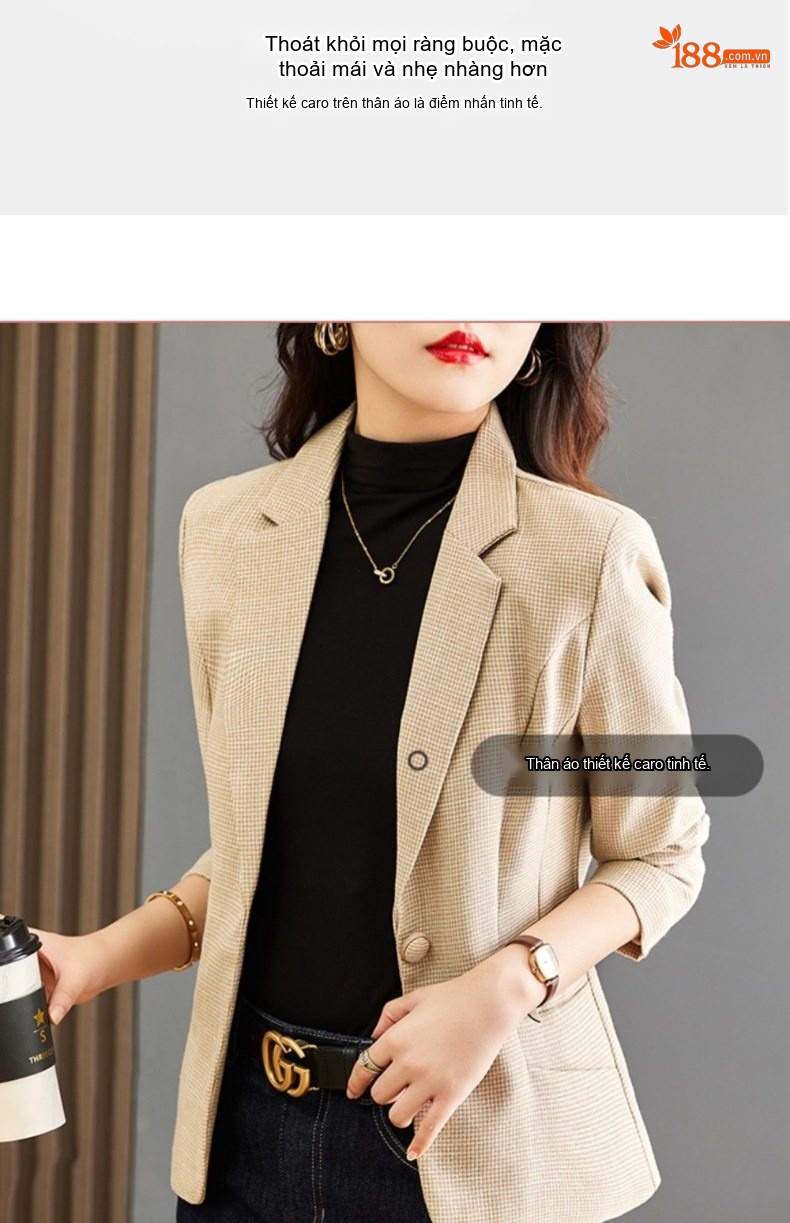 Áo Khoác Blazer Nữ Kẻ Caro Thiết Kế Thanh Lịch Phong Cách Thu Đông Màu Be, Xám chi tiết 16