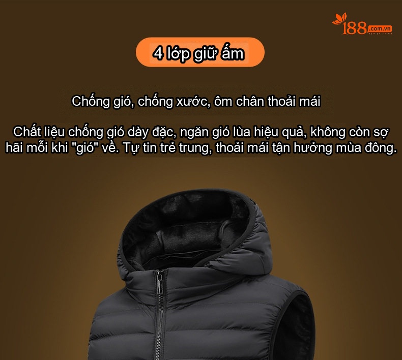 Áo Gile Bông Nam Có Mũ Trùm Đầu Tháo Rời 100% Polyester Màu Đen, Xám, Xanh Lam, Xanh Đậm... chi tiết 8