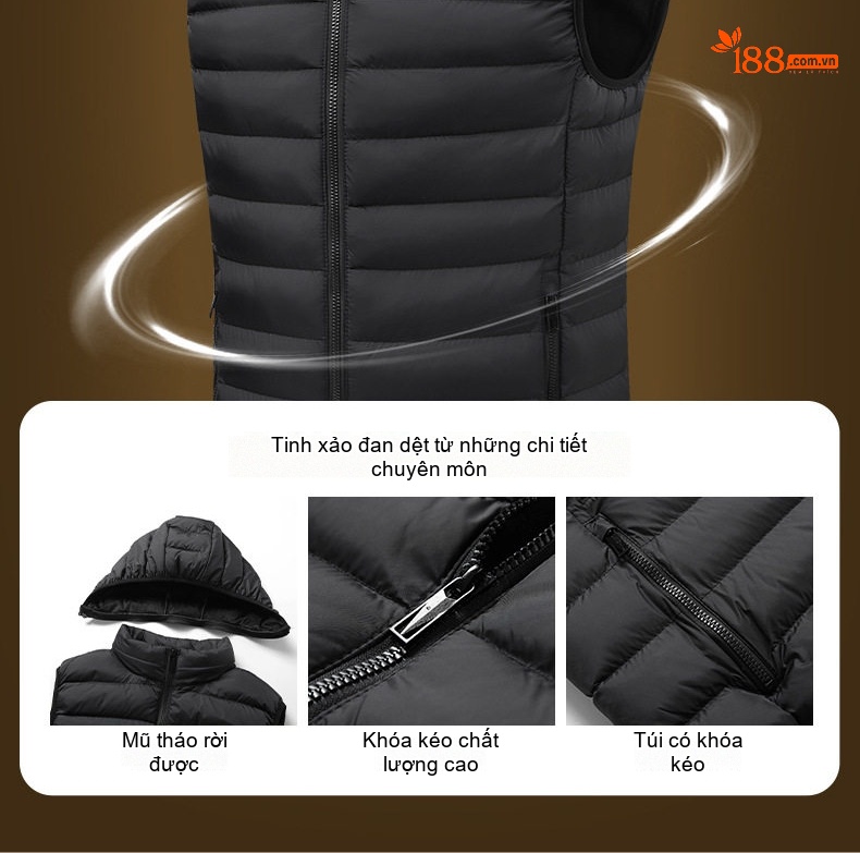 Áo Gile Bông Nam Có Mũ Trùm Đầu Tháo Rời 100% Polyester Màu Đen, Xám, Xanh Lam, Xanh Đậm... chi tiết 9