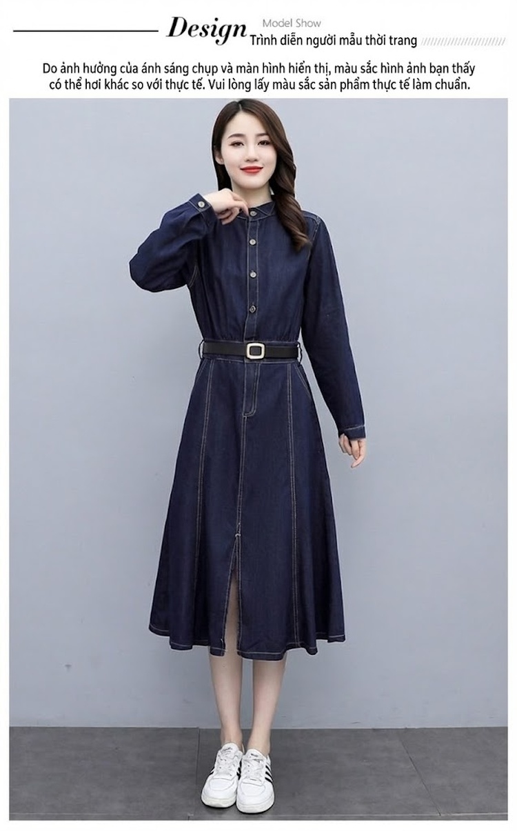 Váy Dài Tay Nữ Denim dáng chữ A Cổ Điển Thanh Lịch chi tiết 10