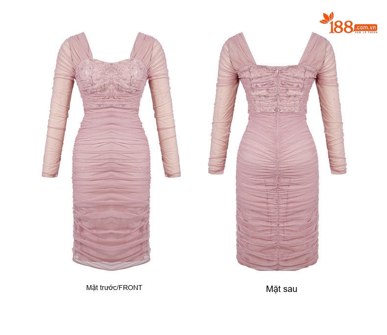 Đầm Ôm Body Nữ Tay Dài Cổ chữ Vuông Thiết Kế Nhún Che Bụng Vải Voan Màu Hồng chi tiết 6
