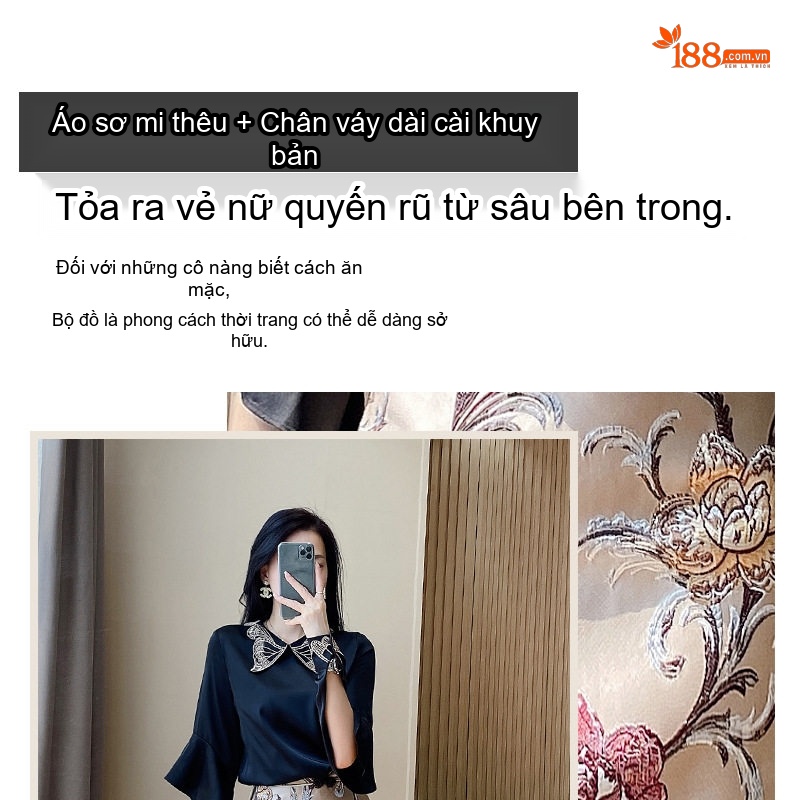 Set Áo Sơ Mi Tay Dài Cổ Nơ và Chân Váy Ôm Satin Cao Cấp Màu Đen, Vàng Be chi tiết 4