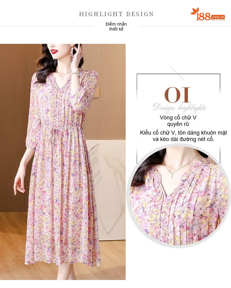 Váy liền thân Nữ Lụa Tằm Tơ Họa Tiết Hoa Nhỏ dáng chữ A Chiết Ly Eo Thon chi tiết 4