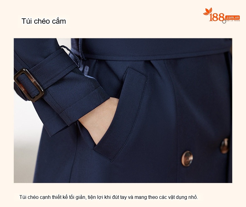 Áo Khoác Dáng Dài Nữ Hai Hàng Khuy Phong Cách Hàn Quốc Màu Xanh Navy, Nâu chi tiết 28