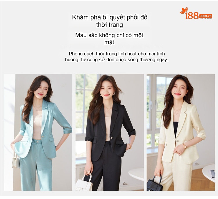 Bộ Vest Nữ Áo Blazer Tay Lỡ Quần Ống Rộng Chất Acetate Satin Phong Cách Công Sở Màu Đen, Trắng Kem, Xanh... chi tiết 7