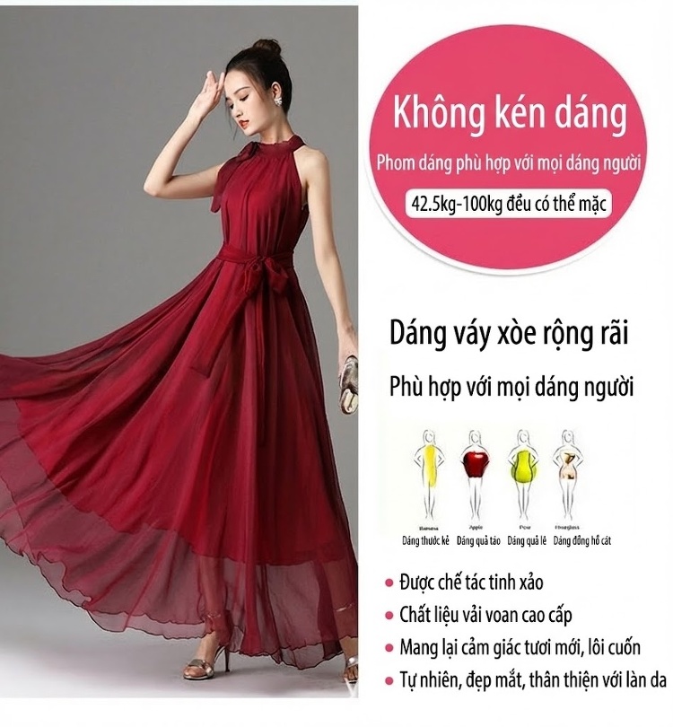 Váy Dài Nữ Dáng Xòe Thắt Eo Cổ Yếm Đính Nơ Chất Liệu Gấm Voan Màu Đỏ, Đỏ Rượu, Xanh Dương, Cam... chi tiết 1