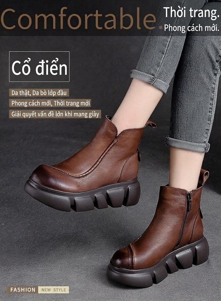Boot Nữ Da Bò Cổ Lửng Khóa Kéo Bên Hông Chiều Cao Đế Khoảng 5cm Màu Đen, Nâu chi tiết 1