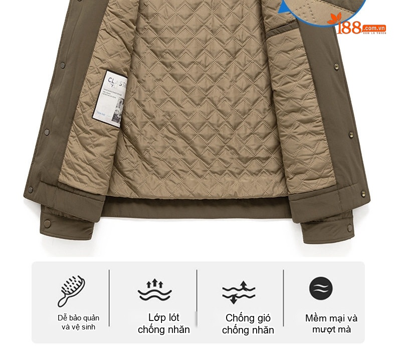 Áo Khoác Cotton Nam Tơ Tằm Chần Bông Dáng Ôm Vừa Màu Xanh Olive, Đen chi tiết 10