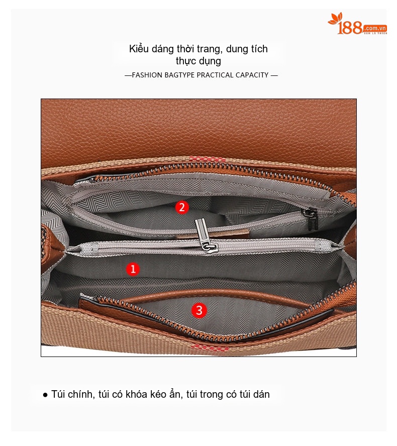 Túi Tote Nữ Da Bò Kết Hợp Vải Bố Họa Tiết Kẻ Sọc Thời Trang Màu Nâu Caramel chi tiết 8