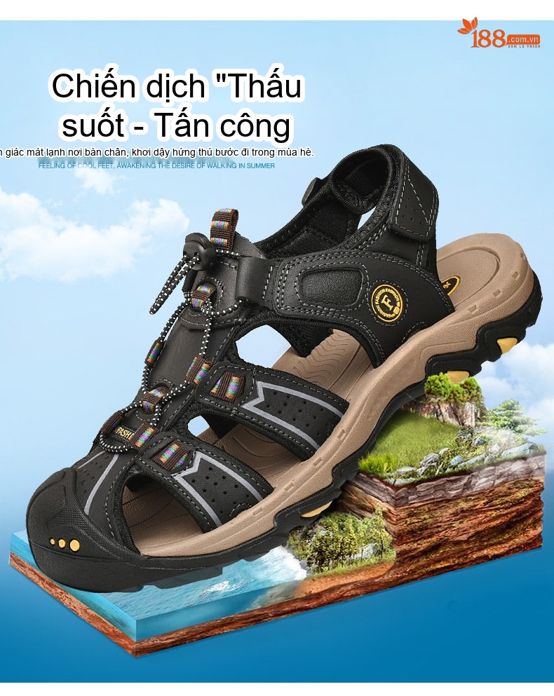 Sandal Rọ Nam Da Thật Thoáng Khí Đi Biển Chiều Cao Đế Khoảng 3cm Màu Nâu, Đen chi tiết 4