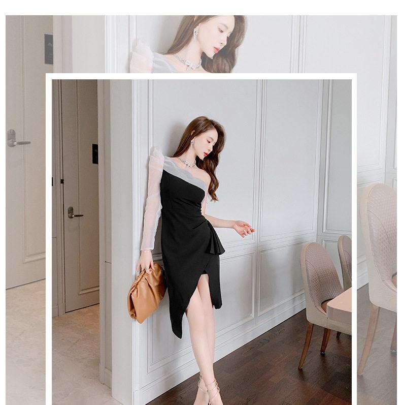 Váy Lệch Vai Ôm Eo Thiết Kế Xếp Ly Phong Cách Gợi Cảm Màu Đen chi tiết 1