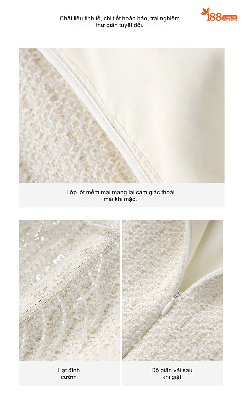 Váy Tiểu Thư Nữ Vải Tweed Lưới Thêu Đính Hạt Thủ Công Phong Cách Quý Phái Màu Trắng chi tiết 11