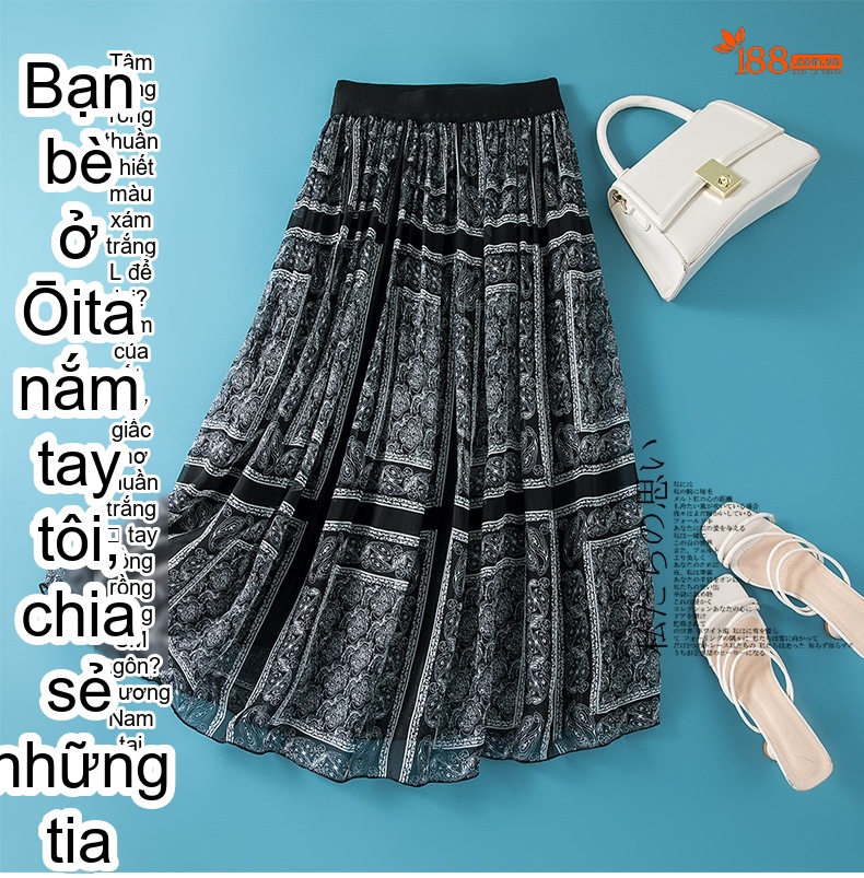 Chân Váy Dài Nữ Lụa Họa Tiết Hoa Eo Chun dáng chữ A Màu Đen, Trắng chi tiết 1