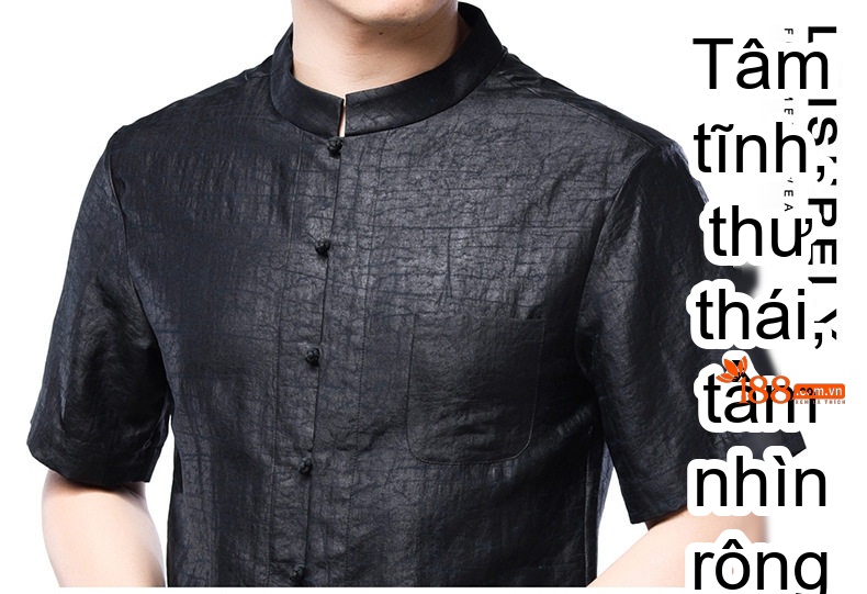 Áo Sơ Mi Nam Tay Ngắn Trung Niên Lụa Tơ Tằm Hương Vân Sa Cổ Tàu Họa Tiết Rạn Màu Đen chi tiết 4