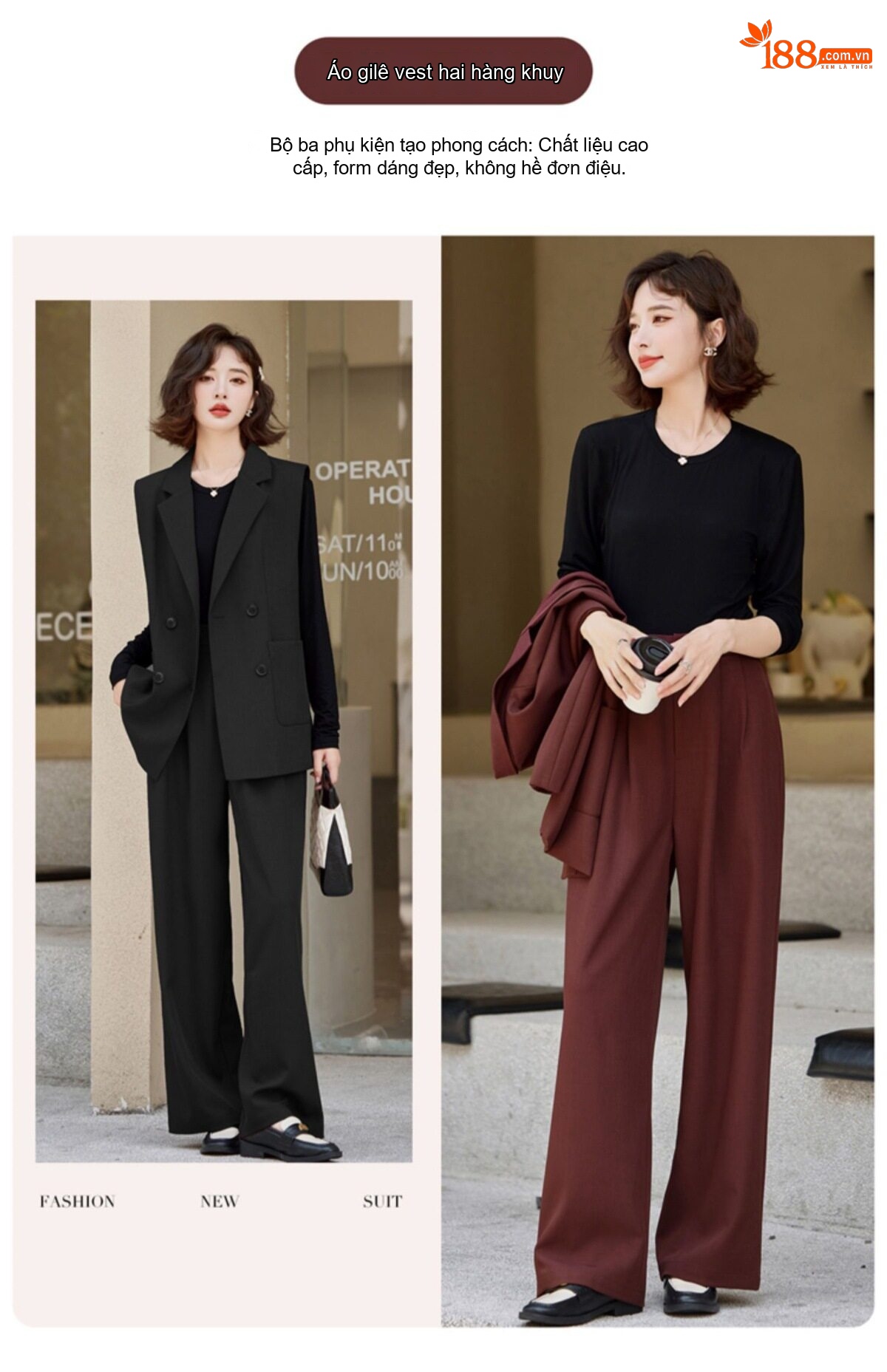 Bộ Vest Nữ Công Sở Áo Gile Quần Ống Rộng Thời Trang Màu Đen, Nâu chi tiết 6
