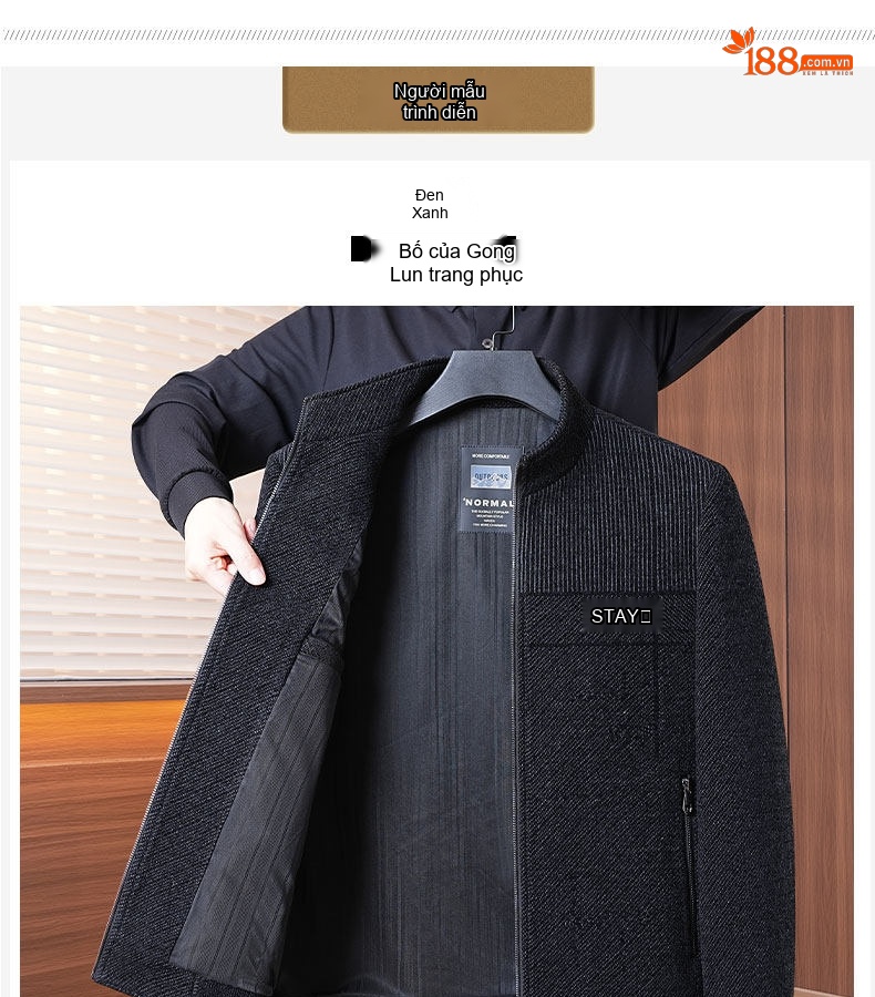Áo Khoác Nam Trung Niên Chenille Lót Bông Dày Dặn Cổ Trụ Màu Đen, Xám chi tiết 9