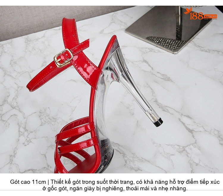 Giày Sandal Cao Gót Nữ Quai Ngang Đính Đá Gót Cao 11cm Da Bóng Màu Đen, Trắng, Vàng, Đỏ... chi tiết 5