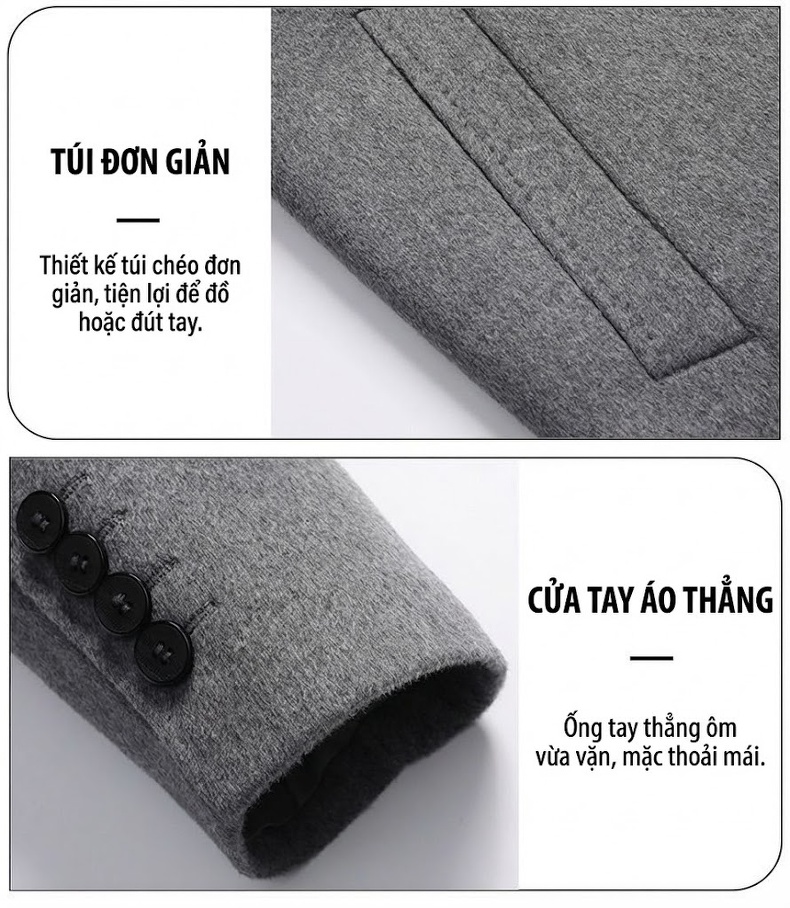 Áo Khoác Dạ Nam Hai Mặt Lông Cừu Dáng Vest Trung Niên Màu Nâu, Đen, Xám chi tiết 7