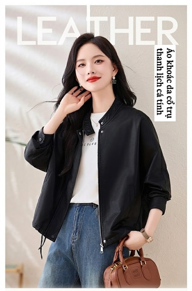 Áo Khoác Da Nữ Cổ Trụ Kiểu Mỹ Retro Dáng Ngắn Rộng Màu Đen, Nâu chi tiết 1