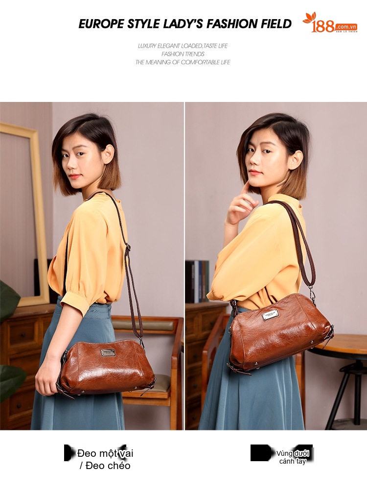 Túi Đeo Vai/Đeo Chéo Nữ Da Bóng Thiết Kế Retro Phong Cách Âu Mỹ Sức Chứa Lớn Màu Nâu chi tiết 8