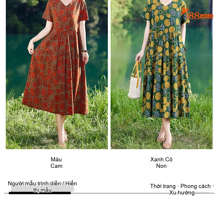 Váy liền thân Nữ Cổ chữ V In Họa Tiết Thiết Kế Thanh Lịch Thoáng Mát Màu Đỏ, Xanh Lá chi tiết 9