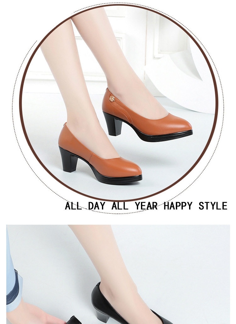 Giày Cao Gót Nữ Da Thật Chiều Cao Đế Khoảng 6cm Quai Hậu Màu Đen, Nâu chi tiết 3