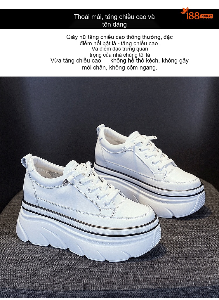 Giày Sneaker Nữ Da Bóng Đế Xuồng Chiều Cao Đế Khoảng 5cm Màu Trắng chi tiết 6