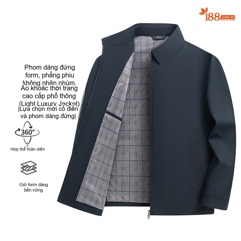 Áo Khoác Nam Cổ Bẻ Khóa Kéo Kiểu Dáng Công Sở Màu Xanh Navy, Nâu, Đen